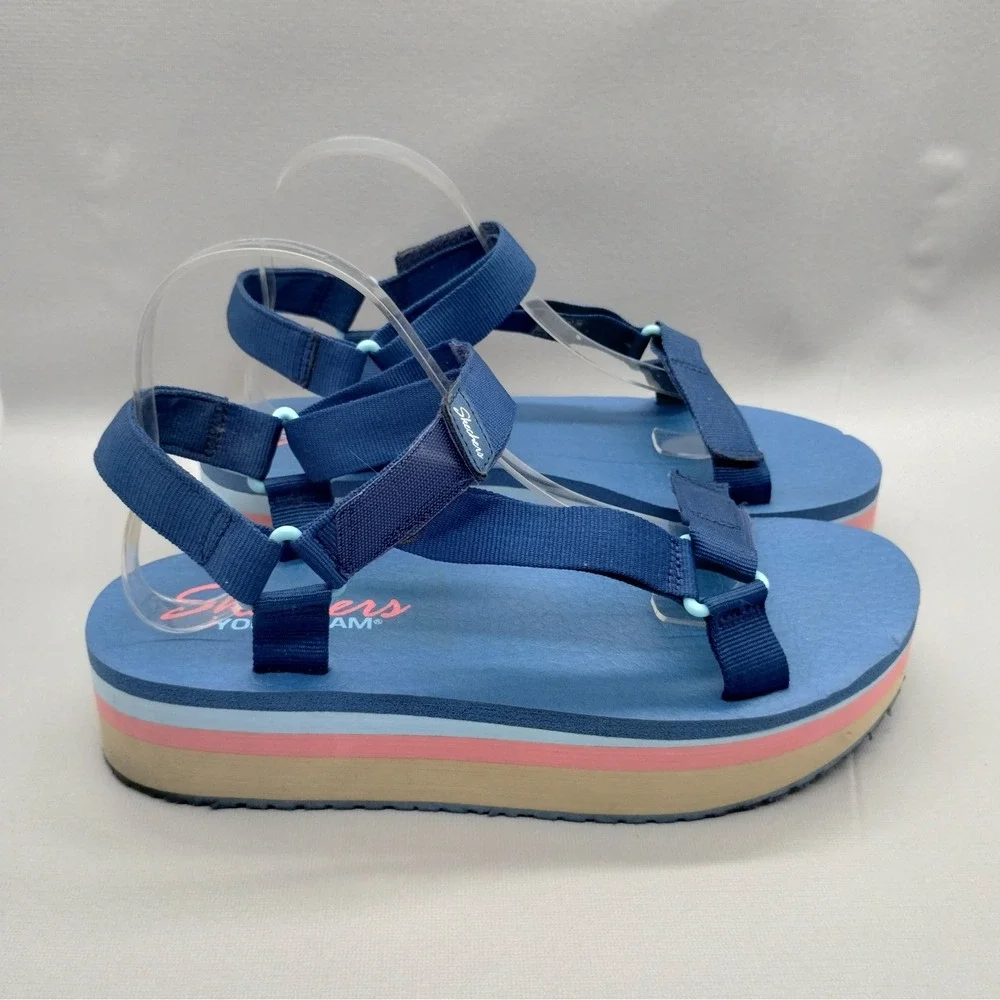 Skechers Yoga Foam Blue Striped Platform Strappy Sandals‎ Womens 10 Multi Color